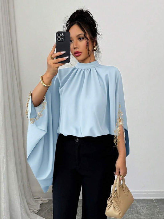 Batwing Sleeve Black Designed Loose Elegant Floral Lace Trim Blouse