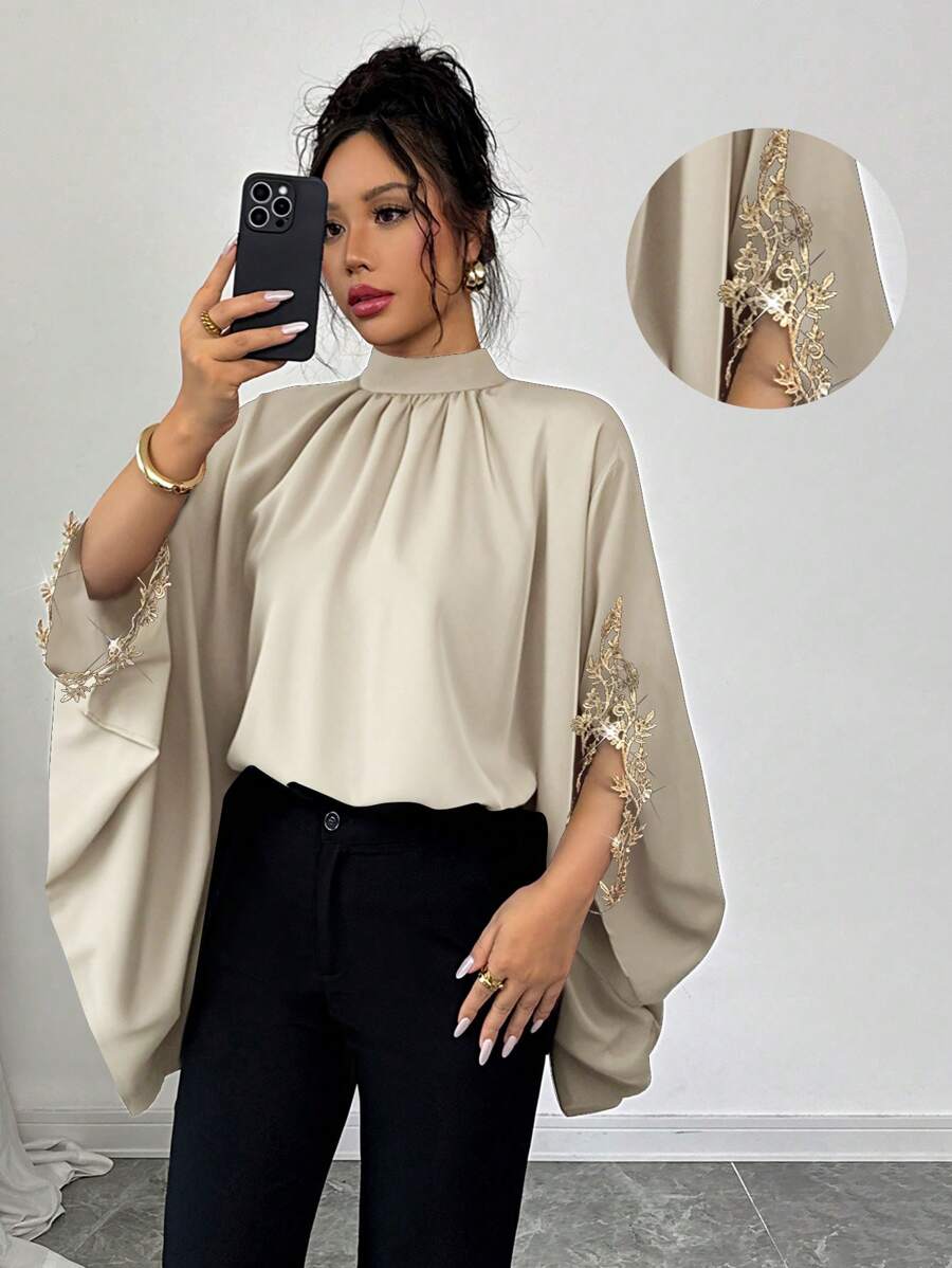 Batwing Sleeve Black Designed Loose Elegant Floral Lace Trim Blouse