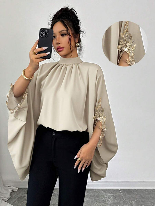 Batwing Sleeve Black Designed Loose Elegant Floral Lace Trim Blouse