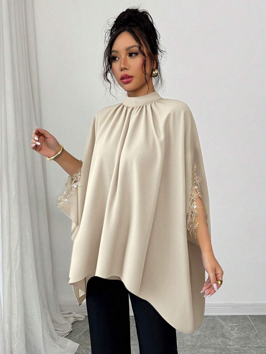 Batwing Sleeve Black Designed Loose Elegant Floral Lace Trim Blouse