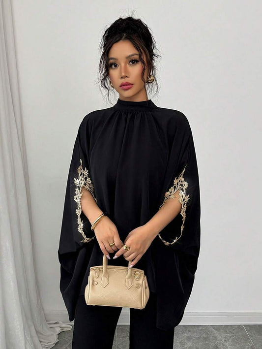 Batwing Sleeve Black Designed Loose Elegant Floral Lace Trim Blouse