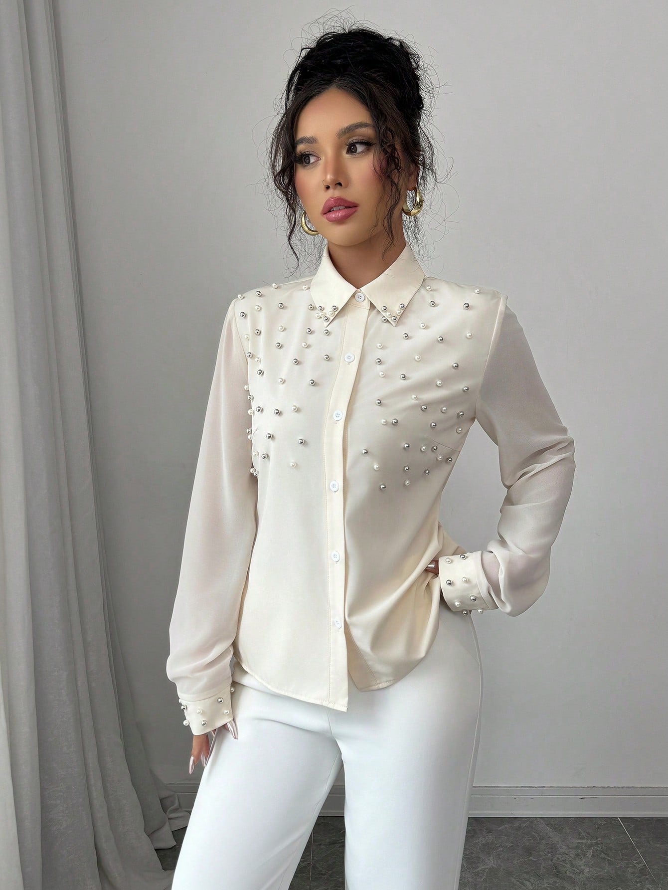 Pearl Embellished Long Sleeve Shirt