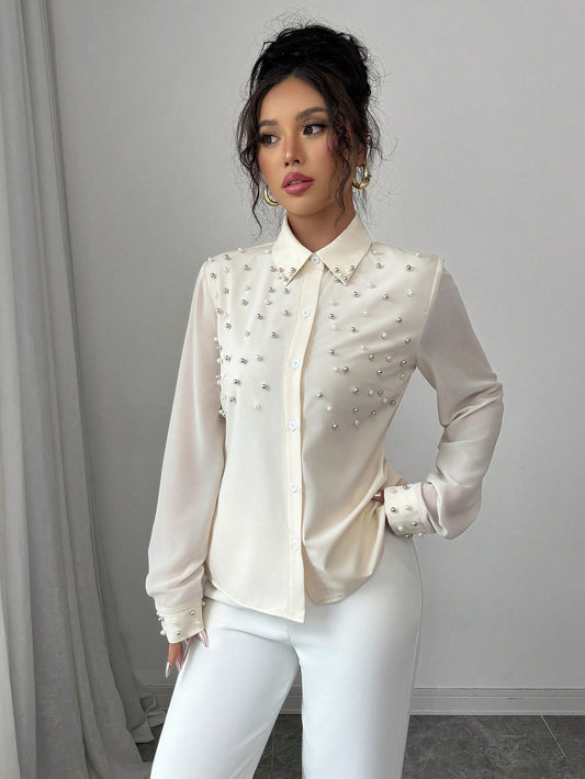 Pearl Embellished Long Sleeve Shirt