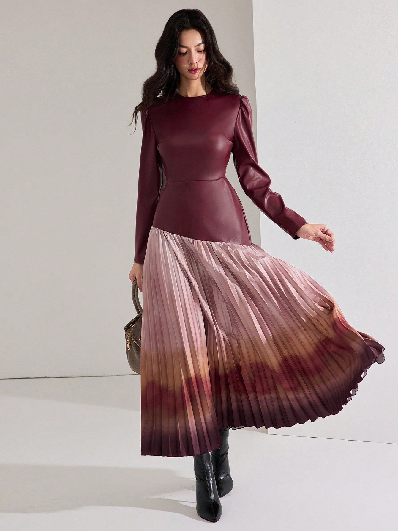 Pleated Floral Print Dress
