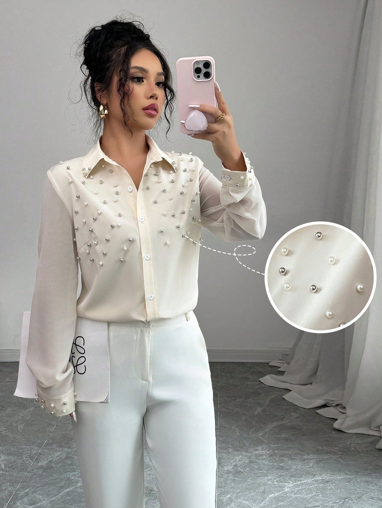 Pearl Embellished Long Sleeve Shirt