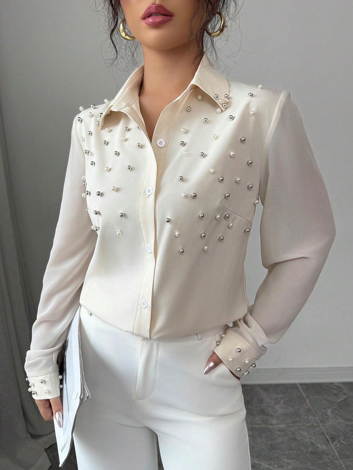 Pearl Embellished Long Sleeve Shirt