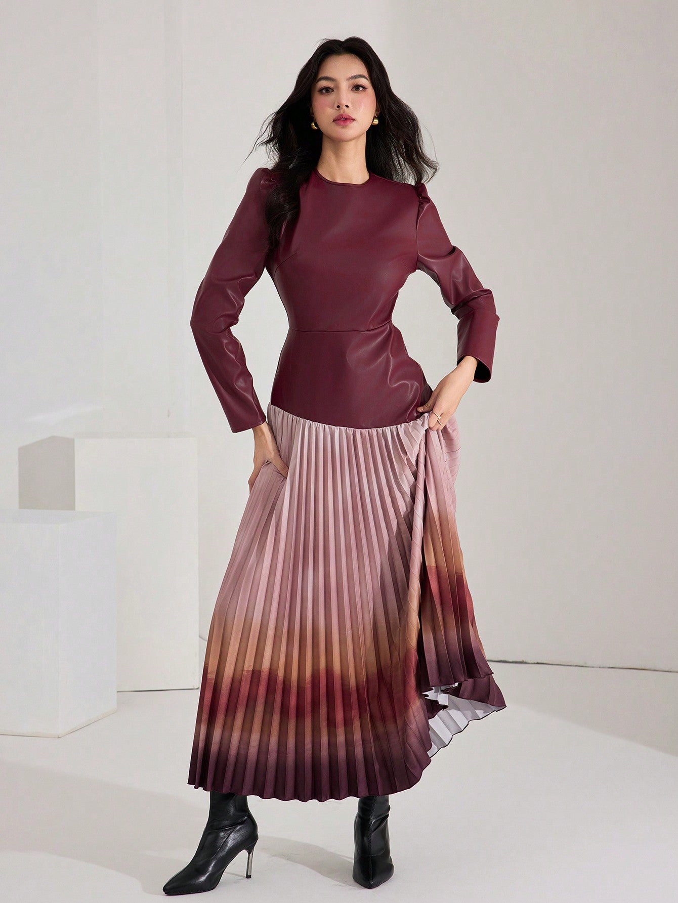 Pleated Floral Print Dress