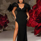 Plus Size Sexy Black Off Shoulder  With Sheer Mesh Sleeves Evening Dress