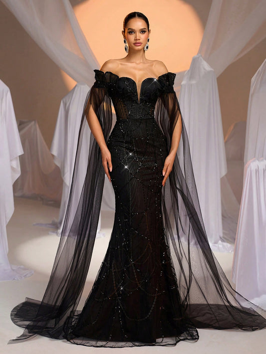 Sequins Embroidered Off The Shoulder Extra Long Floating Sleeves Evening Dress