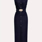 French Metal Button Waist Cinched Sleeveless Bodycon Dress