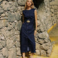 French Metal Button Waist Cinched Sleeveless Bodycon Dress