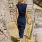 French Metal Button Waist Cinched Sleeveless Bodycon Dress