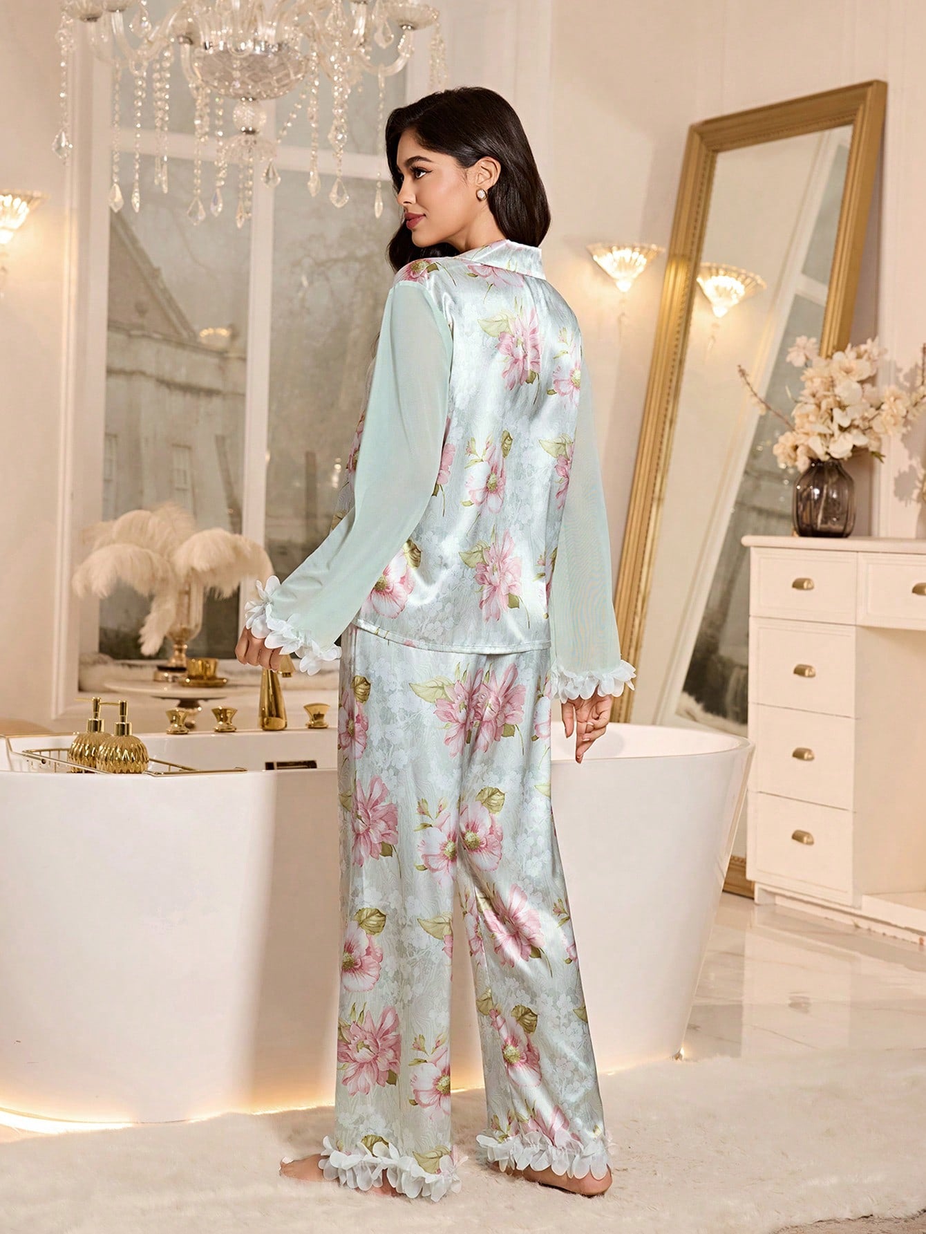 Floral Print Mandarin Collar Mesh Patchwork Long Sleeve Shirt And Pants Pajama Set