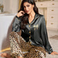 Contrast Trim Leopard Print Women Pajama Set