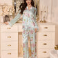 Floral Print Mandarin Collar Mesh Patchwork Long Sleeve Shirt And Pants Pajama Set