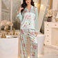 Floral Print Mandarin Collar Mesh Patchwork Long Sleeve Shirt And Pants Pajama Set
