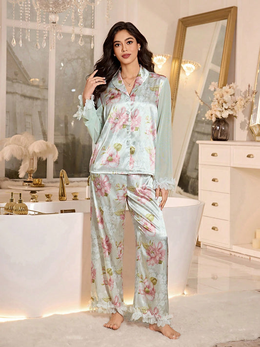 Floral Print Mandarin Collar Mesh Patchwork Long Sleeve Shirt And Pants Pajama Set