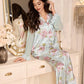 Floral Print Mandarin Collar Mesh Patchwork Long Sleeve Shirt And Pants Pajama Set