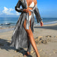 Brush Print Belted Kimono Swim Coverup