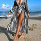 Brush Print Belted Kimono Swim Coverup