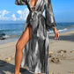 Brush Print Belted Kimono Swim Coverup