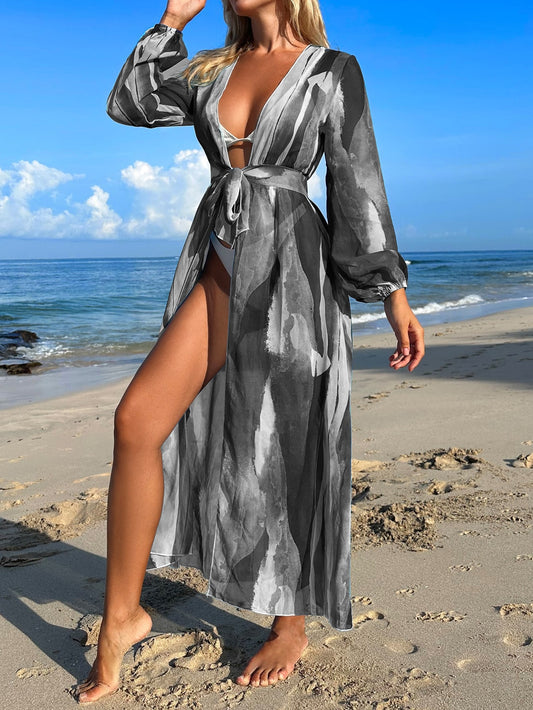 Brush Print Belted Kimono Swim Coverup