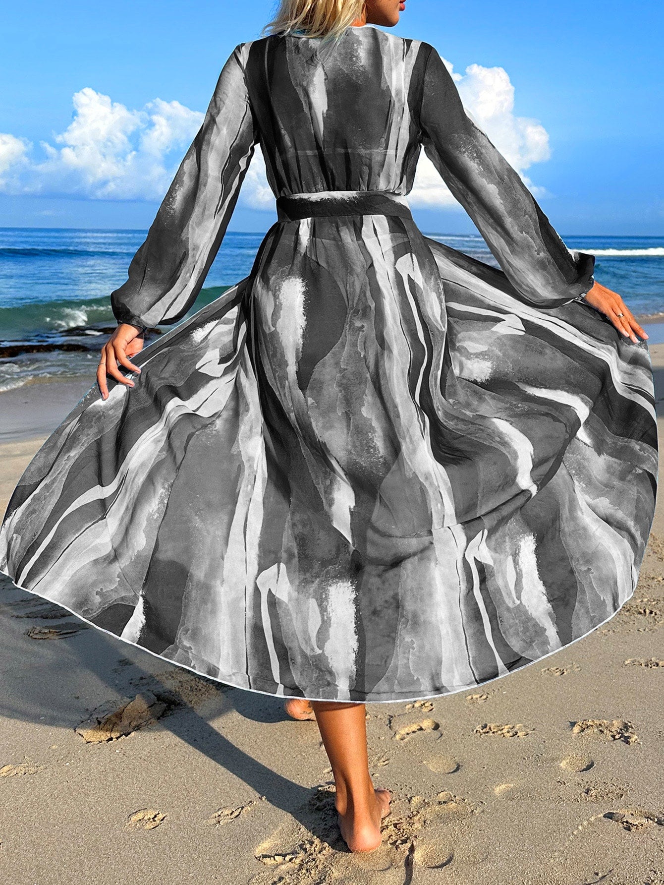 Brush Print Belted Kimono Swim Coverup