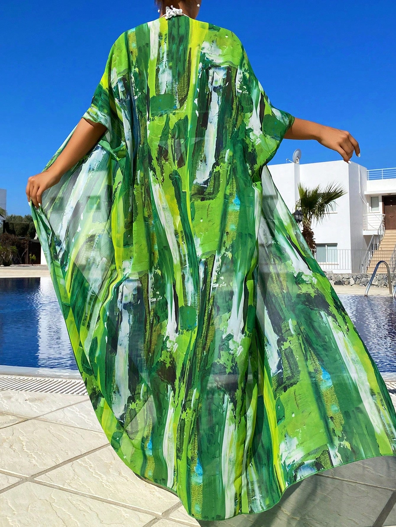 Brush Print Batwing Sleeve Open Front Kimono Swim Cover