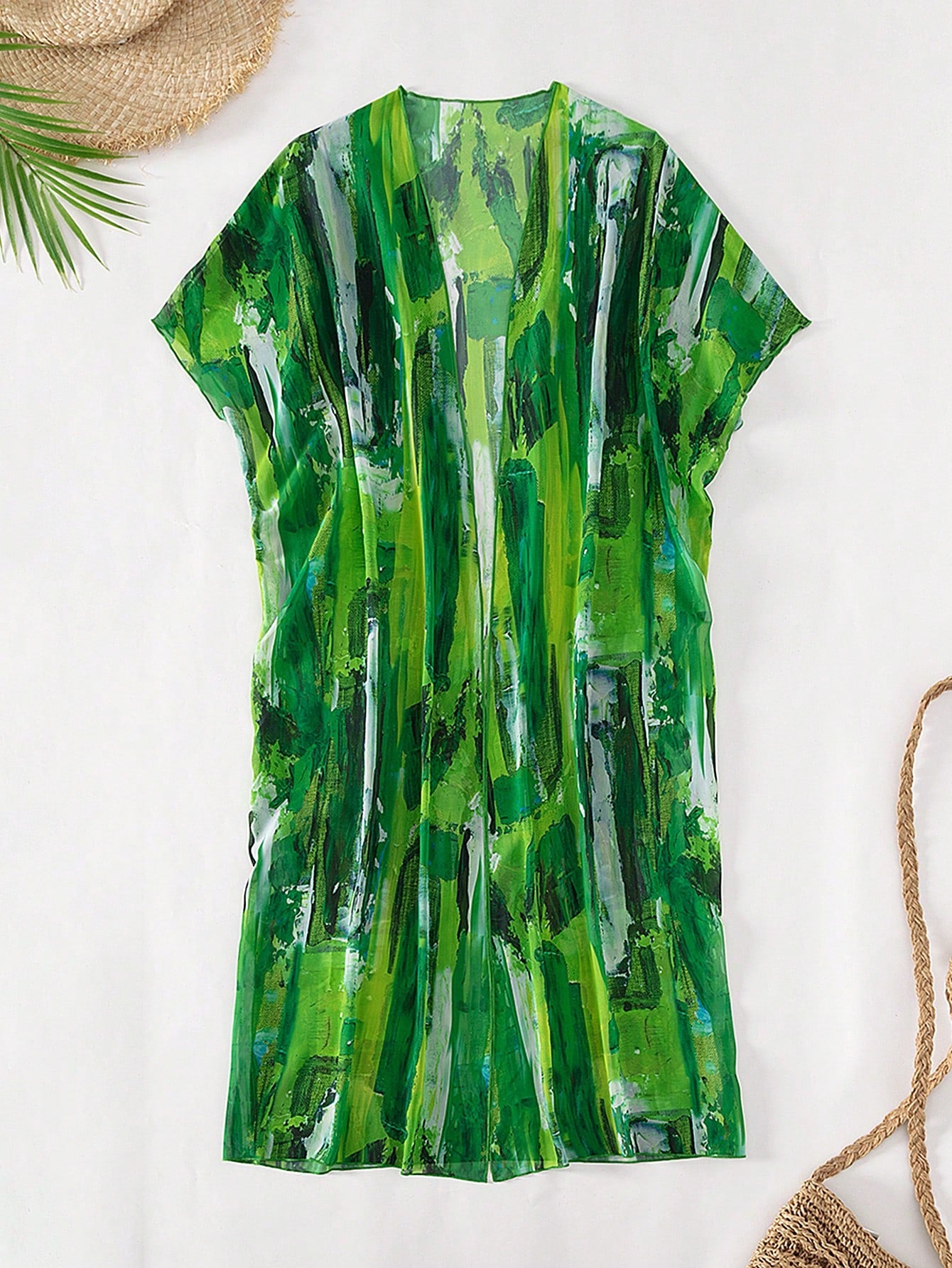 Brush Print Batwing Sleeve Open Front Kimono Swim Cover