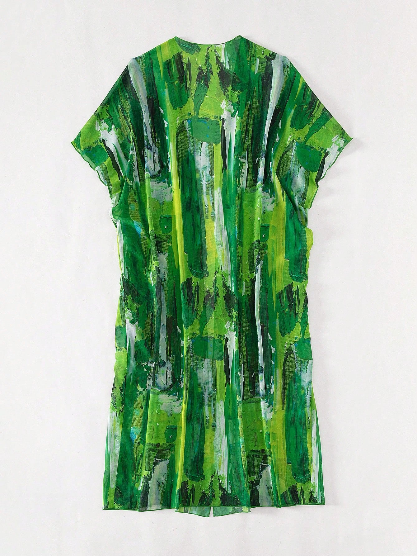 Brush Print Batwing Sleeve Open Front Kimono Swim Cover