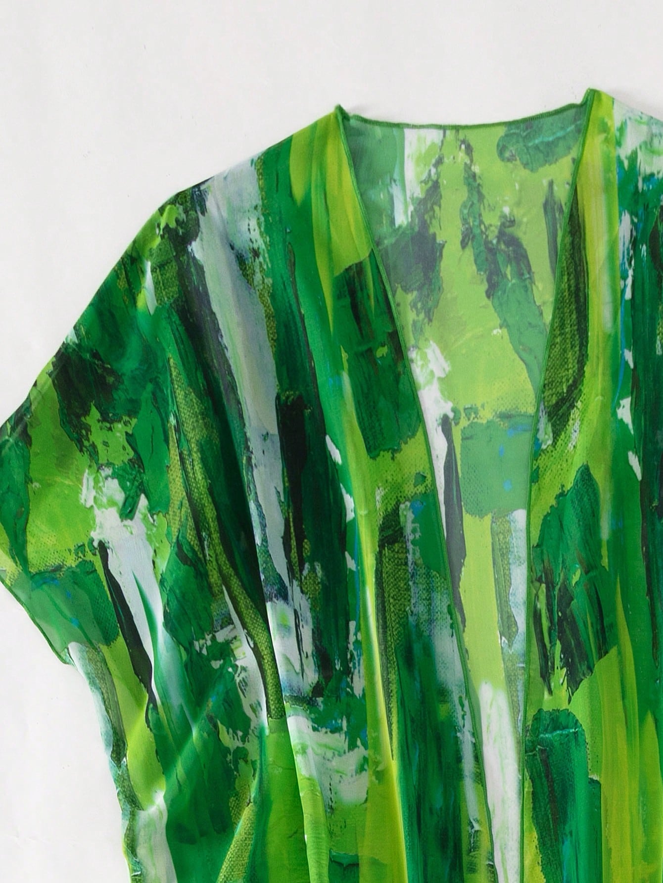 Brush Print Batwing Sleeve Open Front Kimono Swim Cover