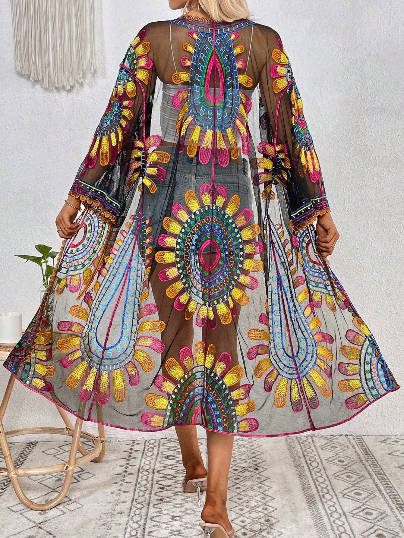 Embroidered Mesh See Through Kimono Swim Cover-Up