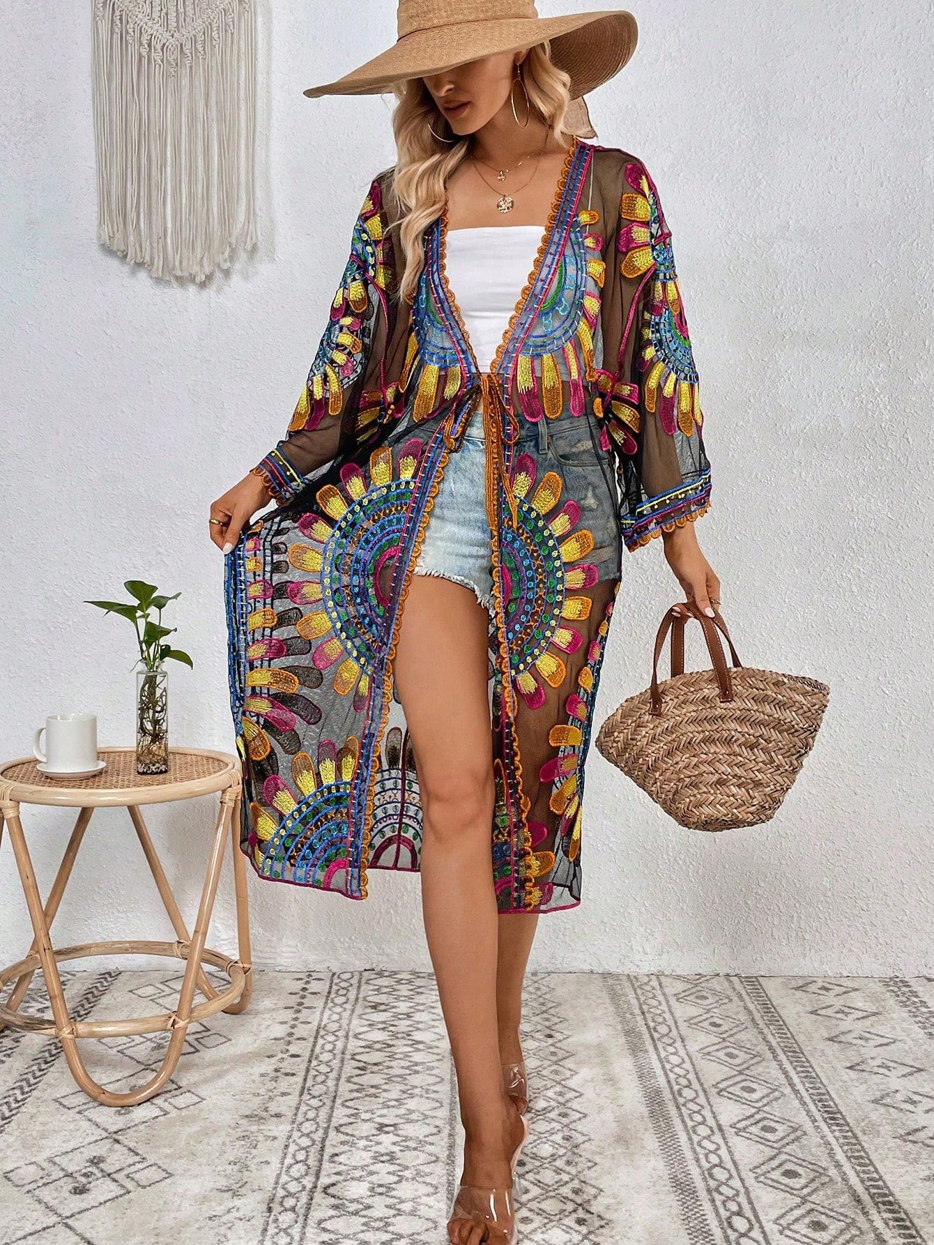 Embroidered Mesh See Through Kimono Swim Cover-Up
