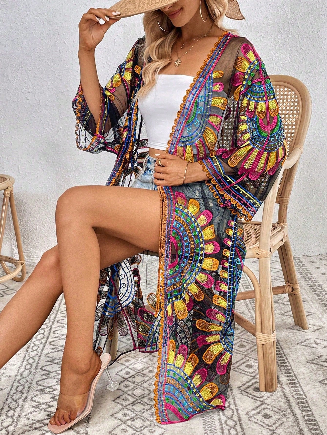 Embroidered Mesh See Through Kimono Swim Cover-Up