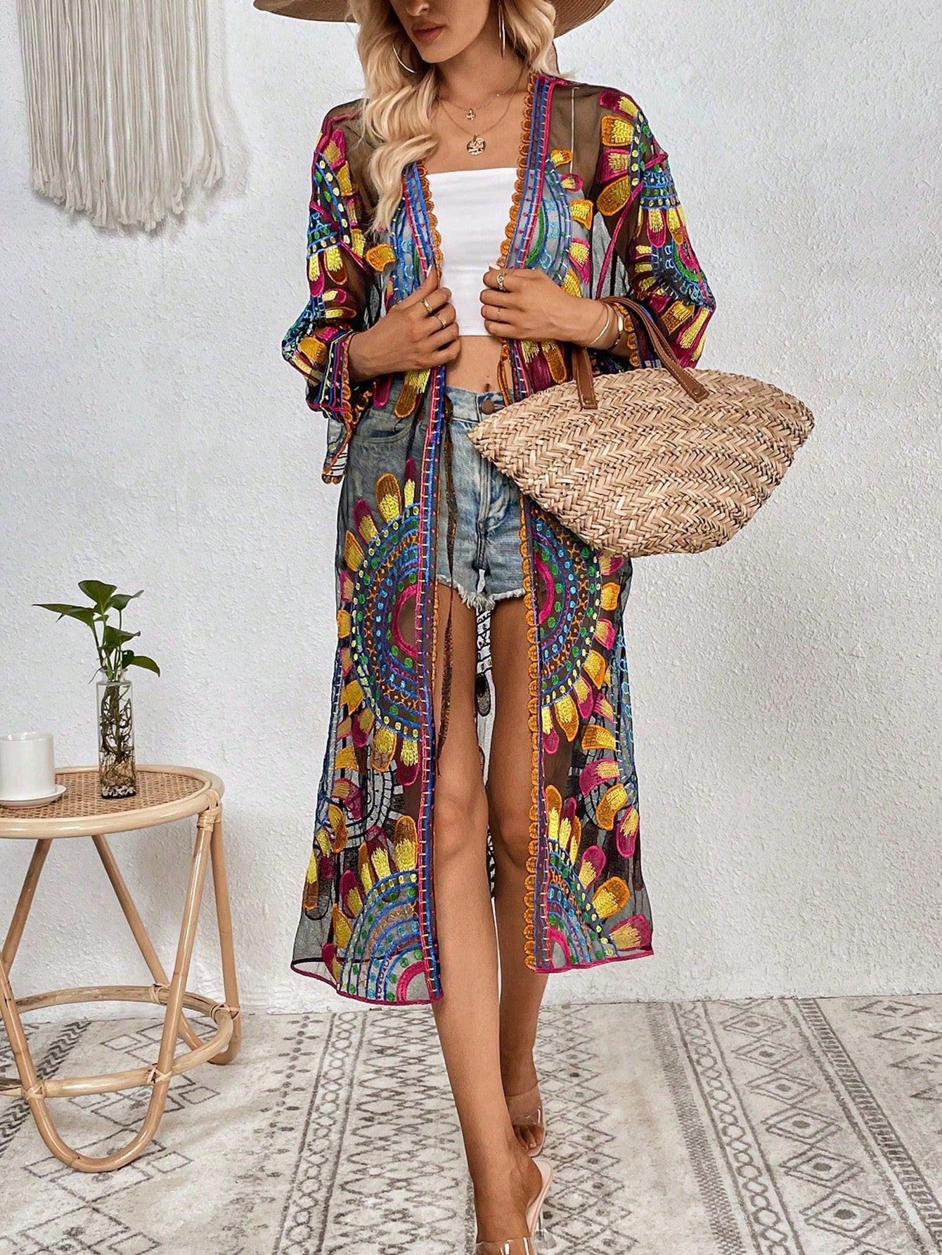 Embroidered Mesh See Through Kimono Swim Cover-Up