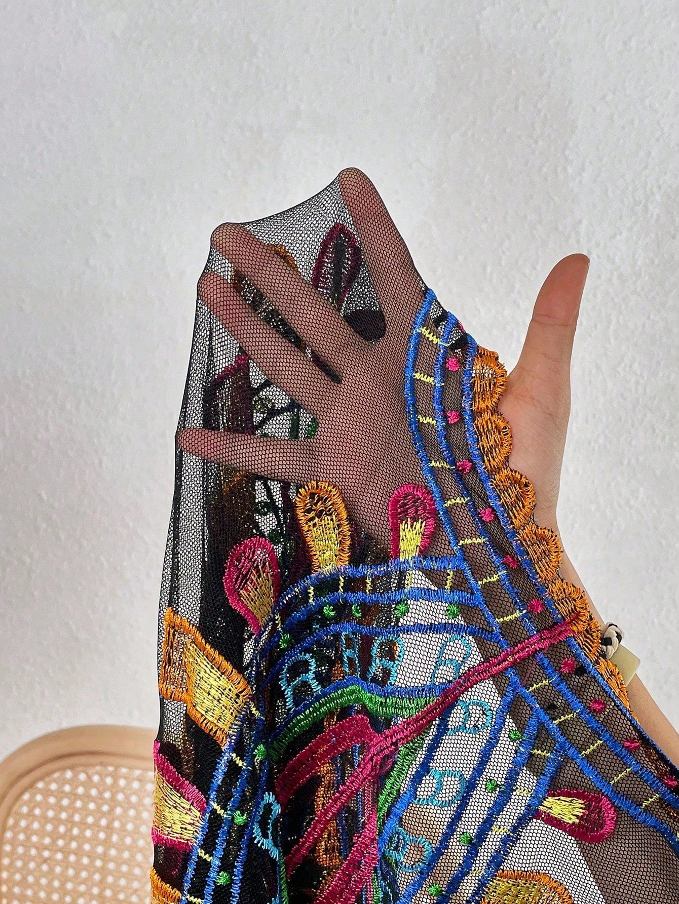 Embroidered Mesh See Through Kimono Swim Cover-Up