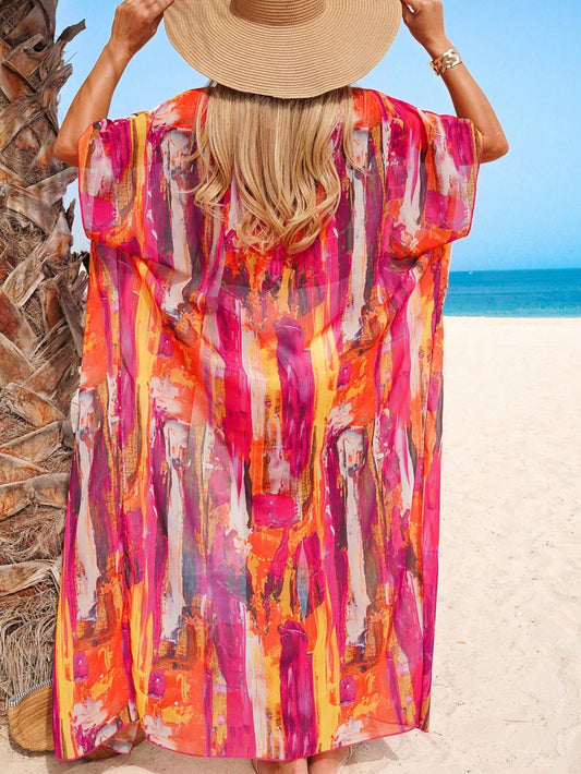 Brush Print Batwing Sleeve Open Front Kimono Swim Cover