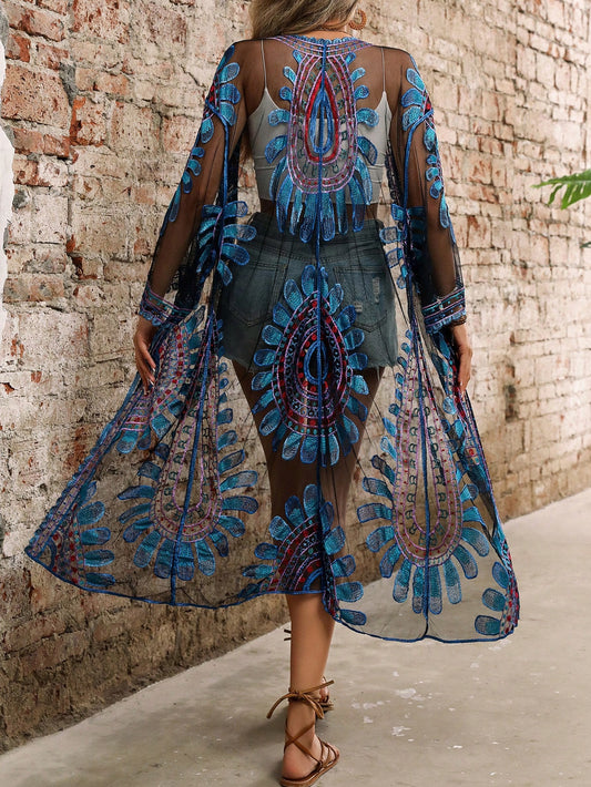 Embroidered Mesh See Through Kimono Swim Cover-Up