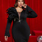 Plus Size Black Feather Bodycon Waist Cocktail Evening Dress