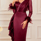 Burgundy Red Faux Pearl & Feather Evening Dress
