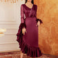 Burgundy Red Faux Pearl & Feather Evening Dress