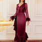Burgundy Red Faux Pearl & Feather Evening Dress