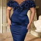 Plus Size Collar Cloud Sleeve Sequin Applique Pleated Slim Hip Evening Dress