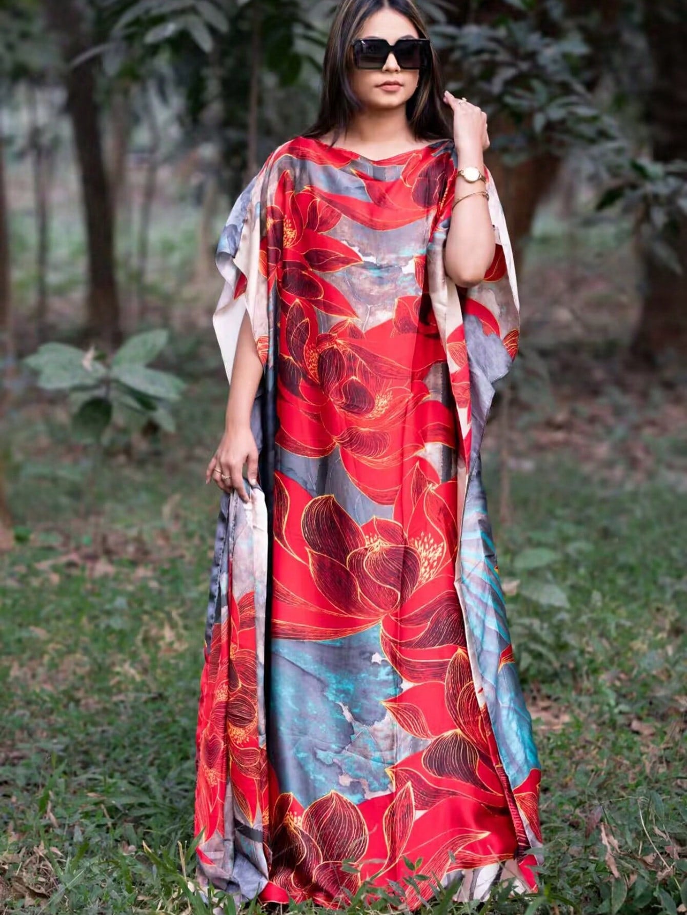 Floral Print Faux Silk Chiffon Loose Coverup Kaftan Dress