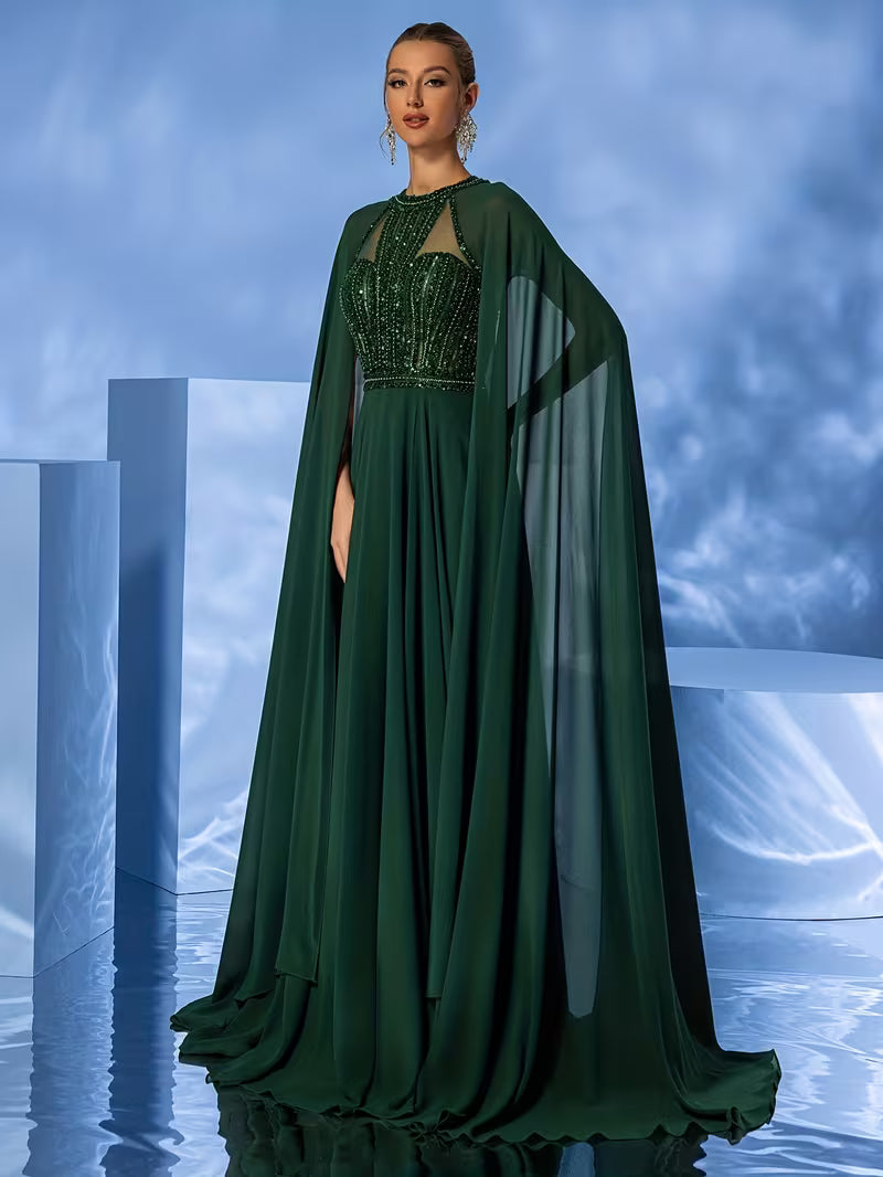 Elegant Sexy Sheer Vintage Sequined Beaded-Embroidery Chiffon Evening Dress
