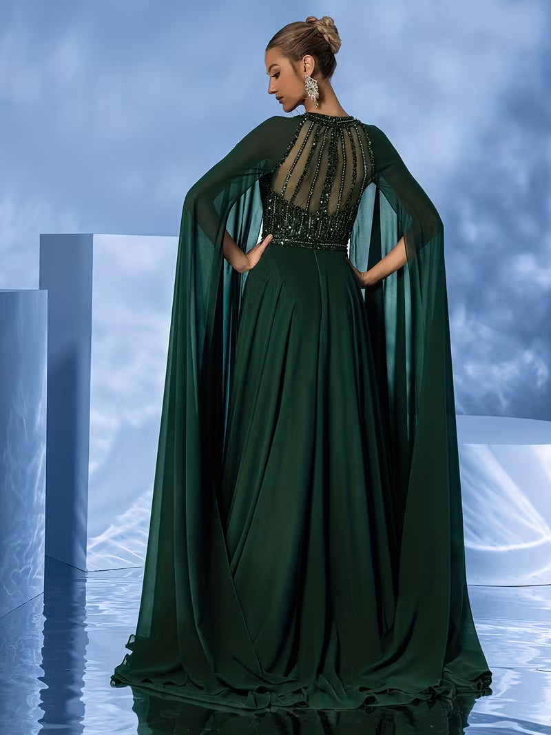 Elegant Sexy Sheer Vintage Sequined Beaded-Embroidery Chiffon Evening Dress