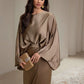 Solid Round Neck Long Sleeve Casual 2pc Blouse And Skirt Set