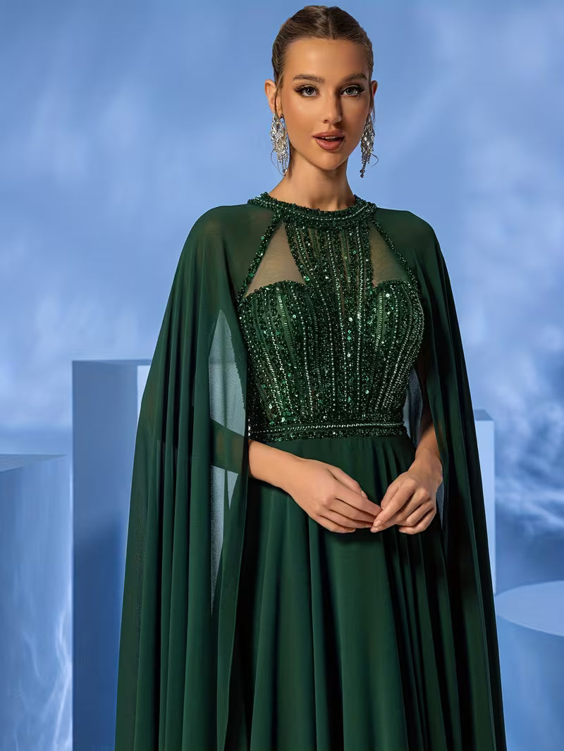 Elegant Sexy Sheer Vintage Sequined Beaded-Embroidery Chiffon Evening Dress