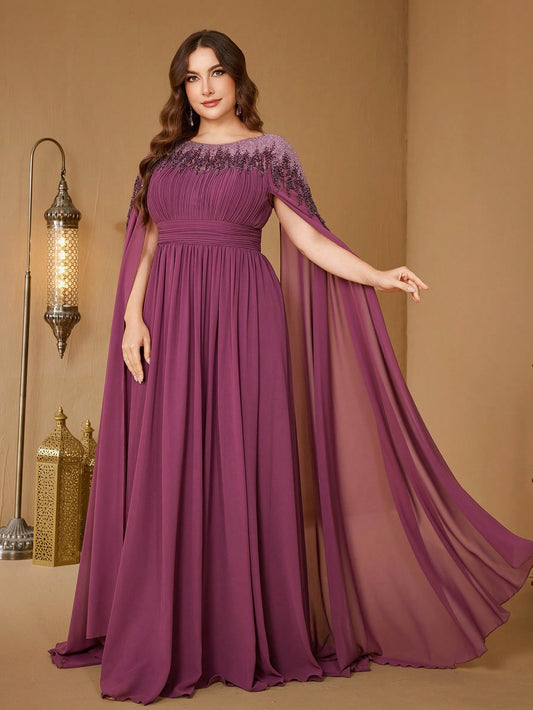 Plus Stand Collar Cape Sleeve Sequin Patchwork Slim-Fitting Evening Dress
