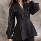 Rhinestone Jacquard V-Neck Puff Long Sleeve Embroidered Top Blouse